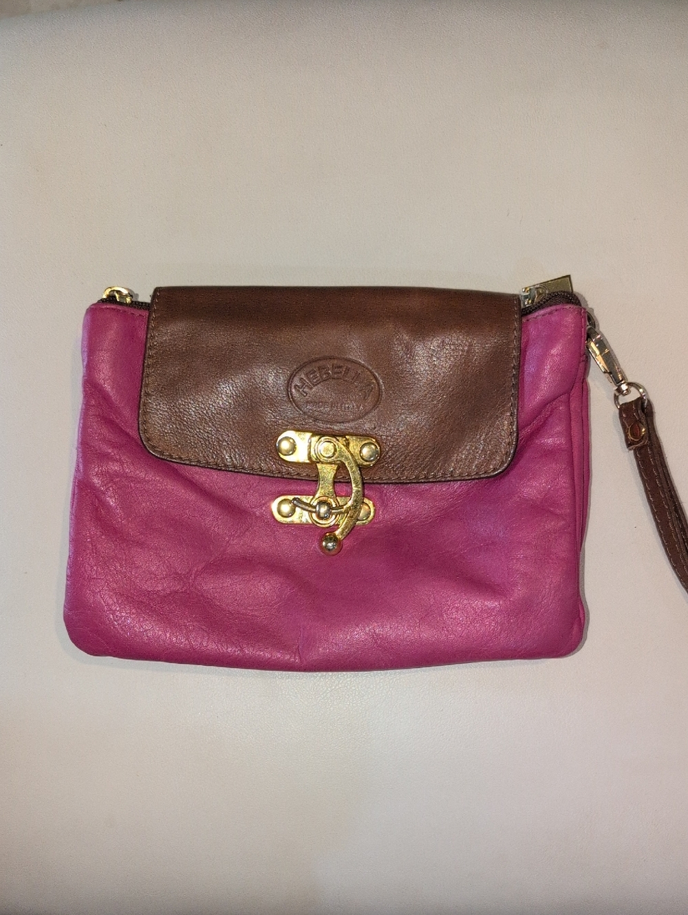 Hebella Pink Italian Leather Wristlet with Brown Flap  - Vintage